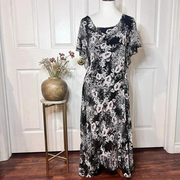 VTG Signature Robbie Bee Womens Floral Asymmetrical Midi Dress 14W Fairy Goth - Picture 1 of 14